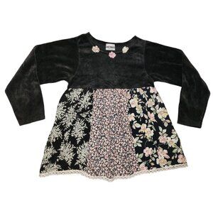 Girls Knitwaves Velvet Floral Babydoll Style Top Vintage Rosettes 10/12 Black HT